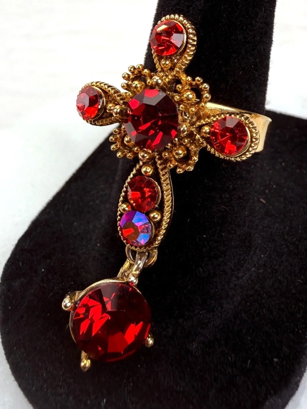 Goldtone, red bling, cross, charm, dangle adjustable costume ring